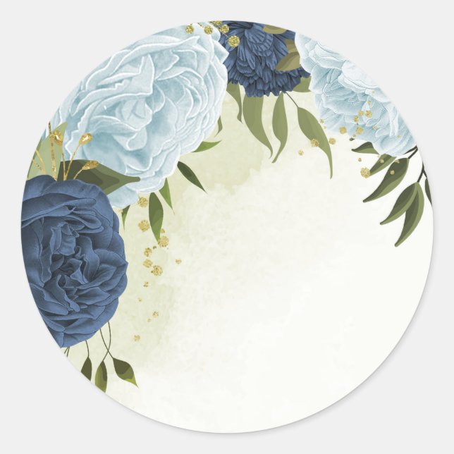  navy and dusty blue flowers greenery wedding classic round sticker (Front)