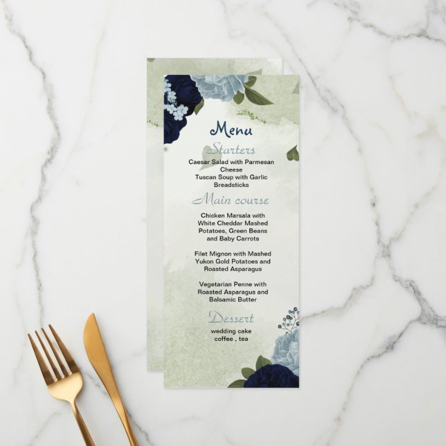 navy and dusty blue flowers greenery wedding menu (Front/Back In Situ)