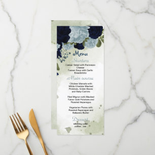 navy and dusty blue flowers greenery wedding menu