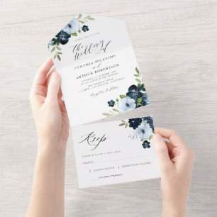 Navy and dusty blue watercolor floral wedding all in one invitation
