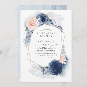 Navy and Dusty Pink Floral Modern Rehearsal Dinner Invitation
