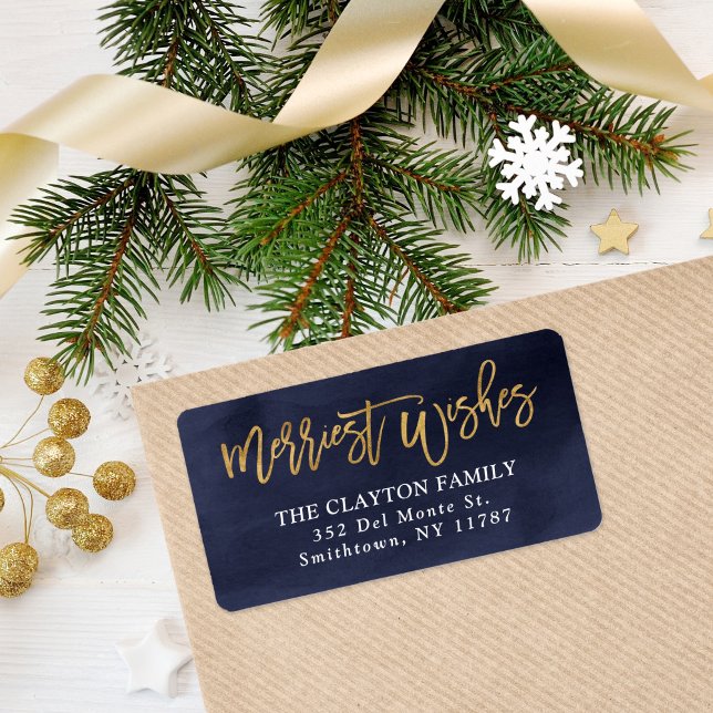 Navy and Faux Foil Merriest Wishes Return Address Label (Creator Uploaded)