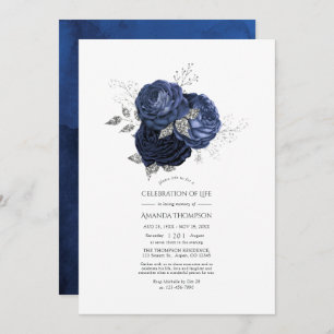 Navy and Faux Glitter Silver Celebration of Life  Invitation