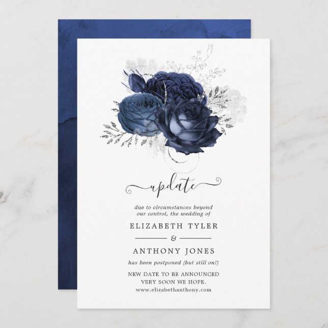 Navy and Faux Glitter Silver Floral Wedding Update Invitation (Front/Back)