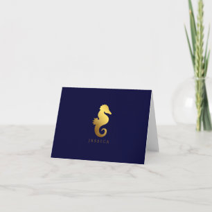 Navy and Faux Gold Foil Seahorse Note Card