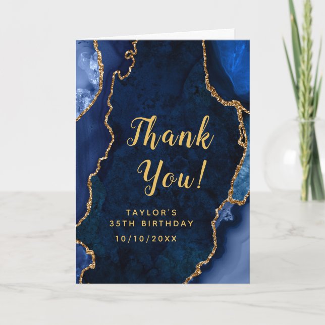Navy and Gold Agate Birthday Thank You Card (Front)