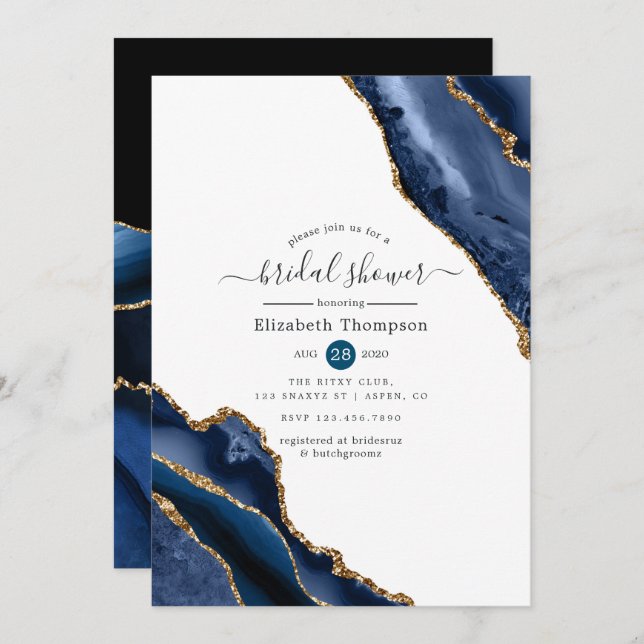 Navy and Gold Agate Bridal Shower Invitation (Front/Back)