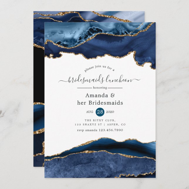 Navy and Gold Agate Bridesmaids Luncheon Invitation (Front/Back)