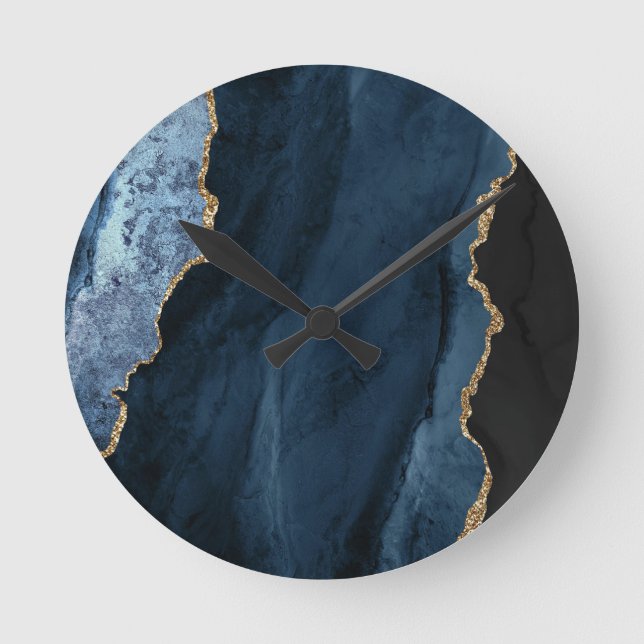 Navy and Gold Agate Luxe Elegant Round Clock (Front)