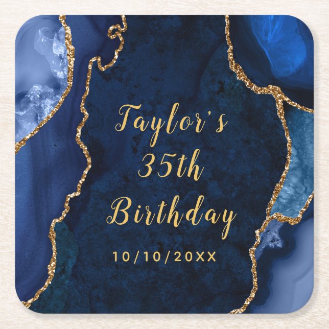 Navy and Gold Agate Marble Birthday Square Paper Coaster (Front)
