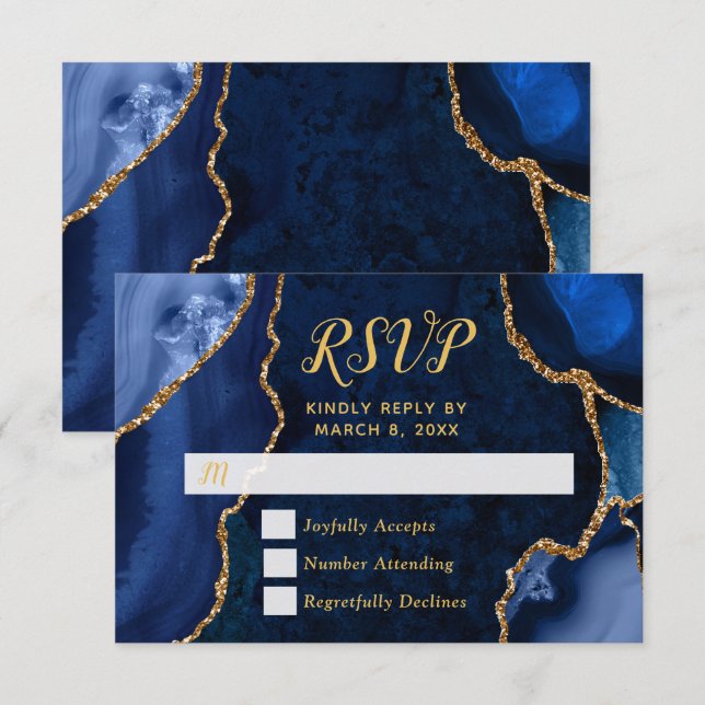 Navy and Gold Agate Marble RSVP Card (Front/Back)