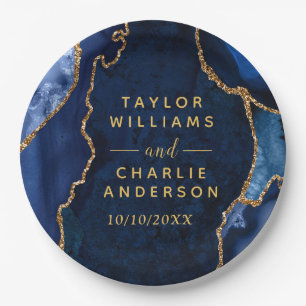 Navy and Gold Agate Marble Wedding Paper Plate