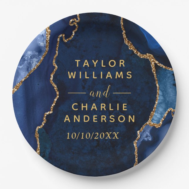 Navy and Gold Agate Marble Wedding Paper Plate (Front)