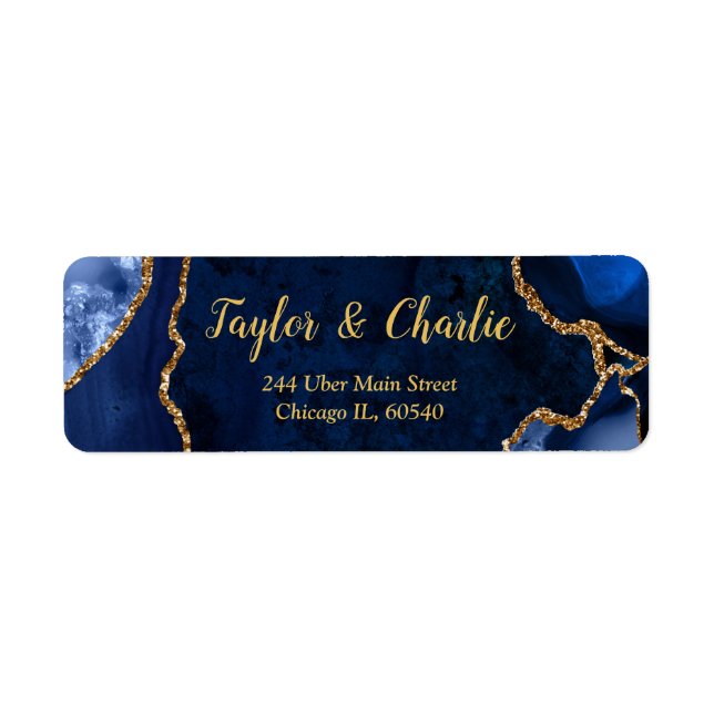 Navy and Gold Agate Marble Wedding Return Address Label (Front)