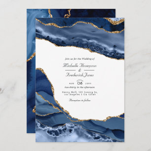 Navy and Gold Agate Stone  QR Code RSVP Wedding Invitation