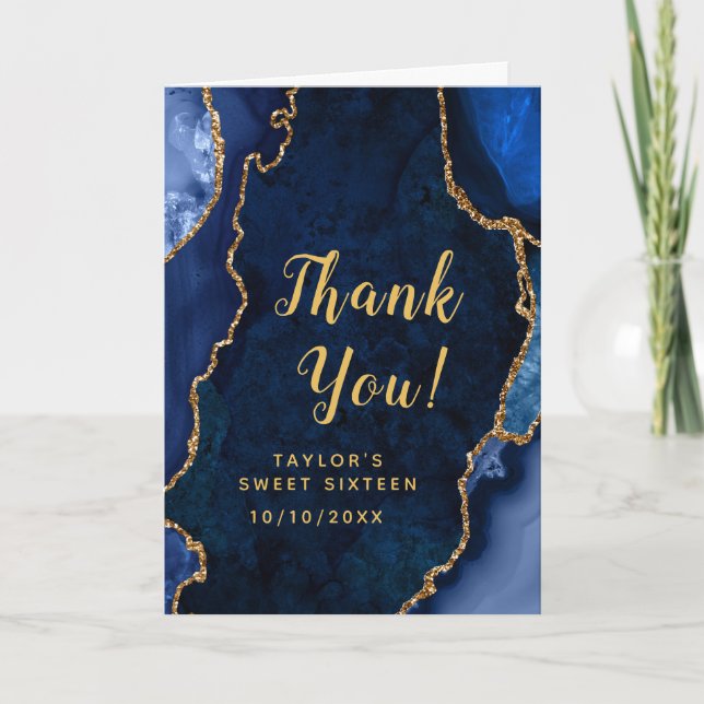 Navy and Gold Agate Sweet Sixteen Thank You Card (Front)