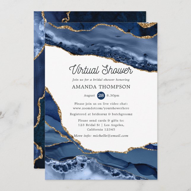 Navy and Gold Agate Virtual Bridal Shower Invitation (Front/Back)