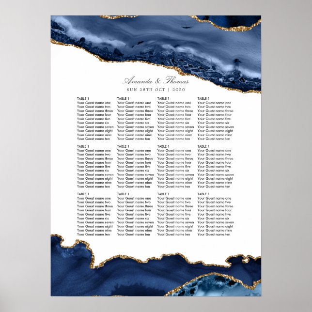 Navy and Gold Agate Wedding Seating Chart (Front)