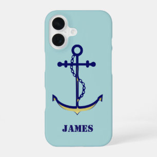 Navy and Gold Anchor with Name Nautical iPhone 16 Case