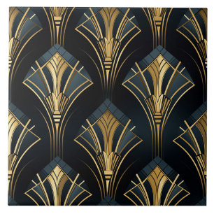 Navy and Gold Art Deco Diamond Fans Ceramic Tile