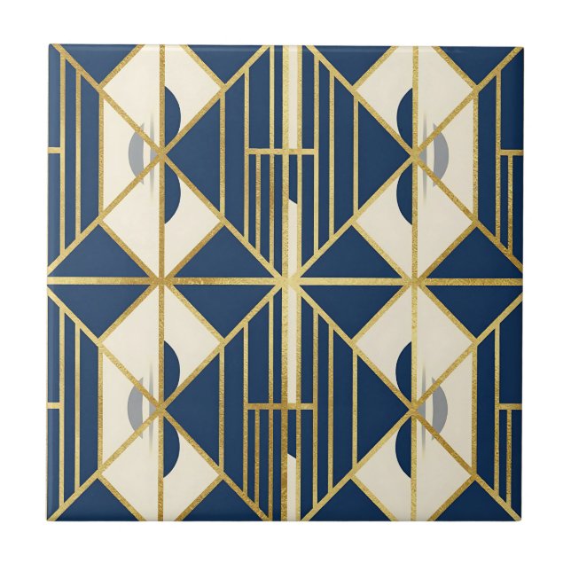 Navy and Gold Art Deco Geometric Pattern Ceramic Tile (Front)