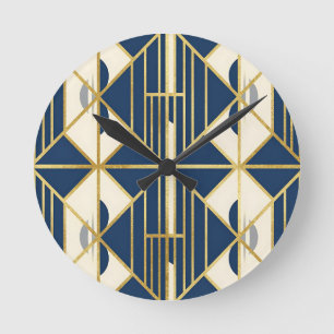 Navy and Gold Art Deco Geometric Pattern Round Clock