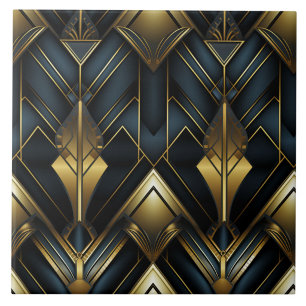 Navy and Gold Art Deco Pointed Ornament Ceramic Tile