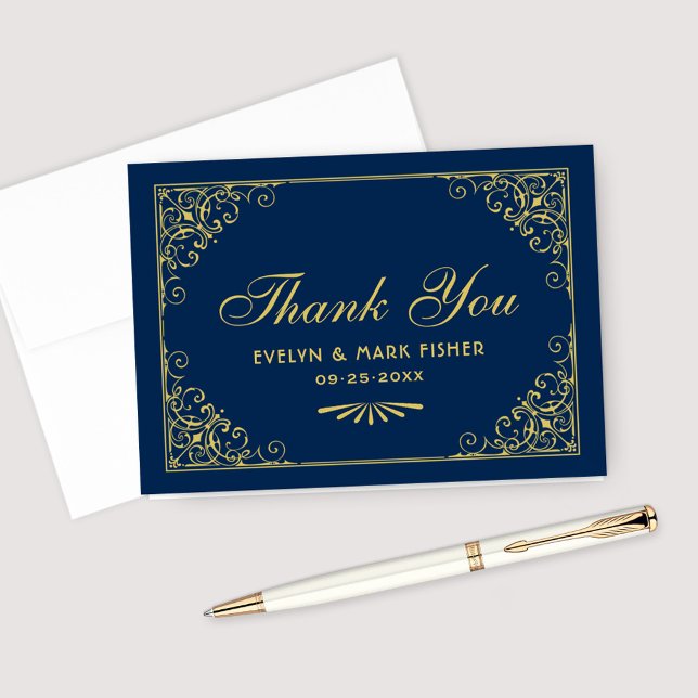 Navy and Gold Art Deco Scrollwork Wedding Thank You Card (Creator Uploaded)