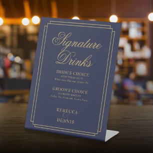 Navy And Gold Art Deco Wedding Signature Drinks Pedestal Sign