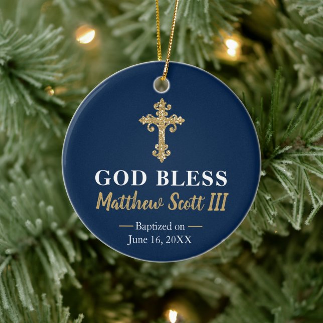 Navy and Gold Boys Baptism Keepsake Ceramic Ornament (Tree)