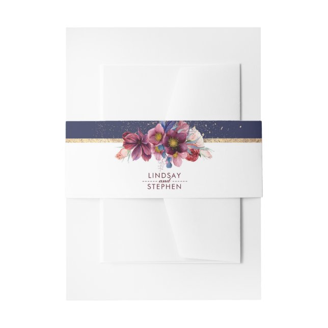 Navy and Gold Burgundy Flowers Elegant Wedding Invitation Belly Band (Front Example)