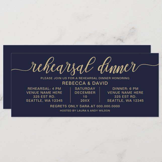 Navy and Gold Calligraphy Rehearsal Dinner Invitation (Front/Back)