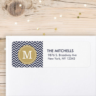 Navy and Gold Chevron Monogram Return Address Label