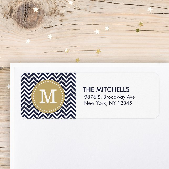 Navy and Gold Chevron Monogram Return Address Label (Creator Uploaded)
