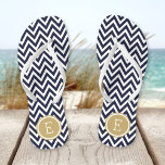 Navy and Gold Chevron Monogram Thongs<br><div class="desc">Custom printed flip flop sandals with a stylish modern chevron pattern and your custom monogram or other text in a circle frame. Click Customise It to change text fonts and colours or add your own images to create a unique one of a kind design!</div>