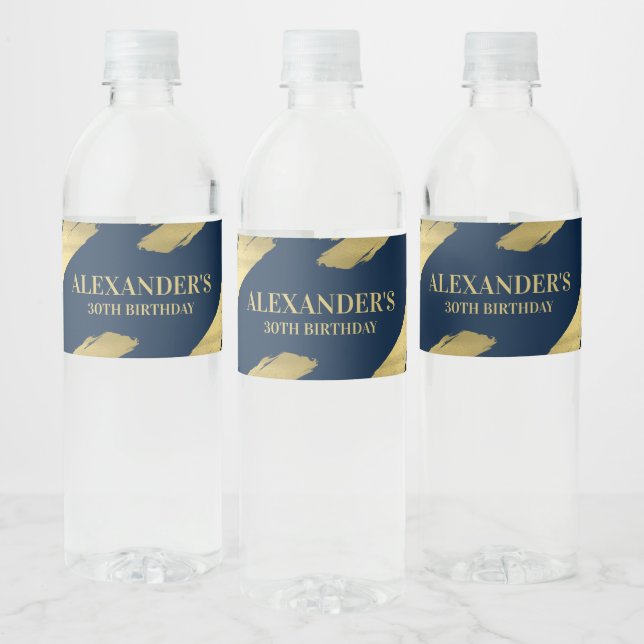 Navy and Gold Chic Elegant Birthday Water Bottle Label (Bottles)
