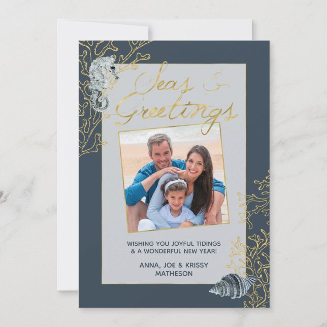 Navy and Gold Coastal Christmas Seas & Greetings Holiday Card (Front)