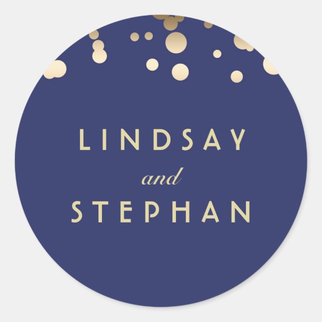Navy and Gold Confetti Wedding Classic Round Sticker (Front)