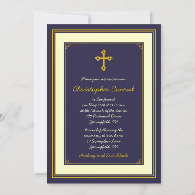 Navy and Gold Confirmation Invitation (Front)