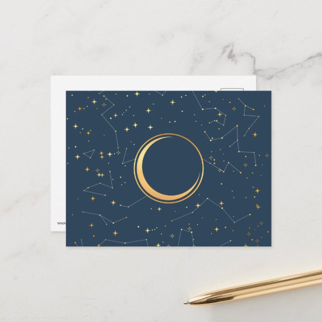 Navy and Gold Crescent Moon Eclipse Constellations Postcard (Front/Back In Situ)