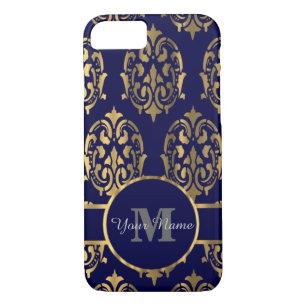 Navy and gold damask monogram iPhone 8/7 case