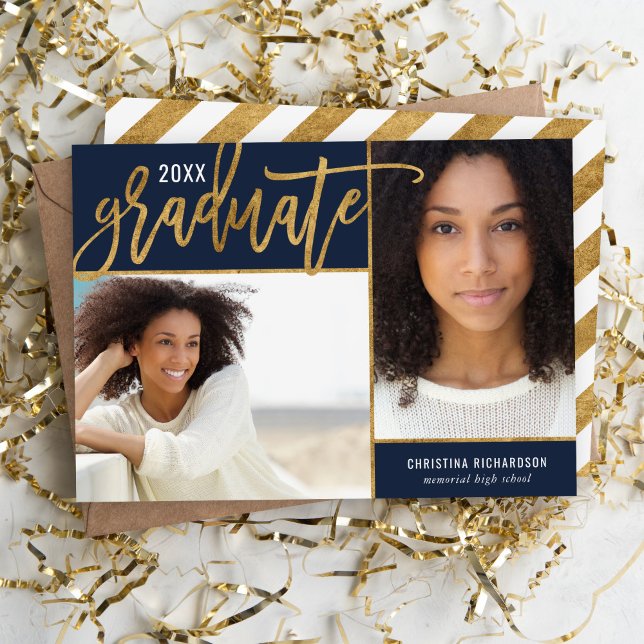 Navy and Gold Faux Foil 2 Photo Graduation Announcement (Creator Uploaded)