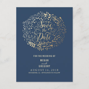 navy and gold floral bouquet wreath save the date announcement postcard