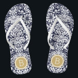Navy and Gold Floral Damask Monogram Thongs<br><div class="desc">Custom printed flip flop sandals with a stylish elegant floral damask pattern and your custom monogram or other text in a circle frame. Click Customise It to change text fonts and colours or add your own images to create a unique one of a kind design!</div>