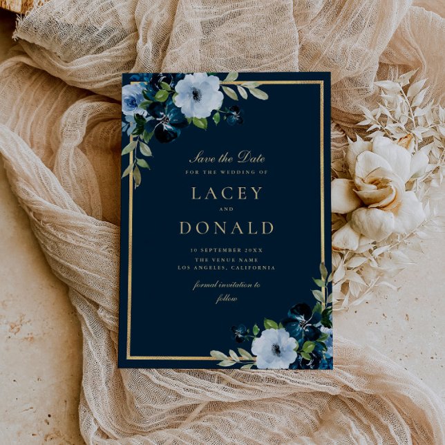 Navy and gold floral Save The Date Card (Creator Uploaded)