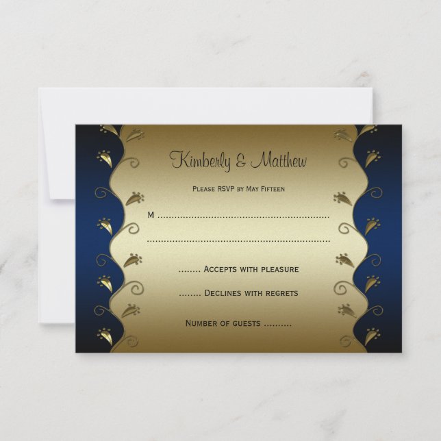 Navy and Gold Floral Swirls RSVP Card (Front)