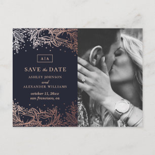 Navy and gold floral wedding. Blue Save the Date Postcard