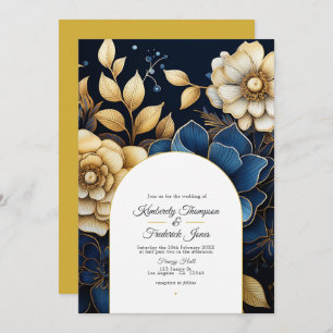 Navy and Gold Floral Wedding Invitation