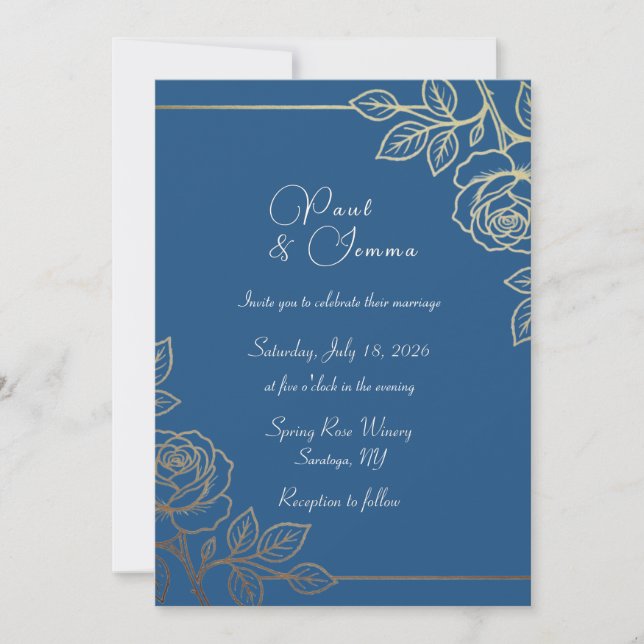 Navy and Gold Floral Wedding Invitation (Front)