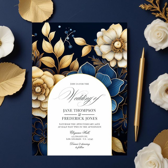 Navy and Gold Floral Wedding Invitation (Navy and Gold Floral Wedding Invitation)